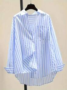 Camisa de mujer casual de manga larga con bolsillo en el pecho y estampado de rayas, para otoño e invierno - Azul - Ver 1