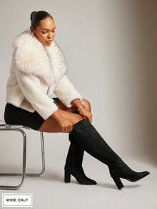 SHUZIA 女士宽筒杏仁头粗跟仿麂皮过膝长靴 - 黑色 - 查看 3
