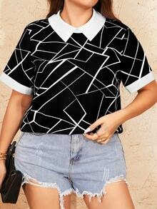 SHEIN LUNE Plus Size Women's Fashion Casual Colorblock Geometric Print Shirt - Black - View 1