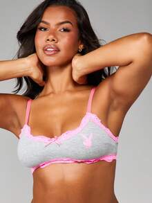 Missguided x Playboy Áo ngực ren viền logo thỏ và chi tiết nơ Đồ lót thoải mái hàng ngày - Màu Xám nhạt - Xem 5