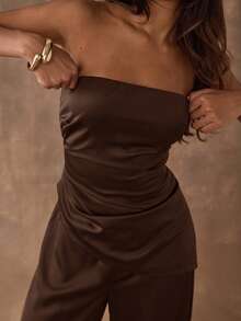 SHEIN BAE 1 Set Solid Color Asymmetric Hem Sleeveless Crop Top And Wide Leg Pants - Coffee Brown - View 8