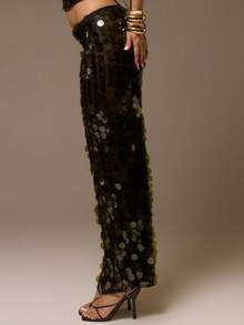 MUSERA 低腰超大款亮片直筒修身长裙套装（仅下装） 适合夜间外出、优雅性感派对、嘉年华、假期、节日等场合 - 綠色 - 查看 3