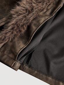 SHEIN MOD Brown PU Patchwork Fuzzy Cropped Jacket,Winter Women Coat,Warm Clothes,Leather Jacket,New Years Eve Outfit,Holiday Outfits, New Year - Brown - View 9