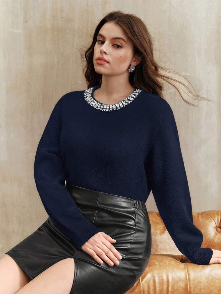 Valentine Anewsta Elegant Women's Winter Sweater, Fashion Rhinestone Embellished Collar, Gray Sweet & Youthful, Versatile Sparkling Party Wear, Plus Size Knit Top