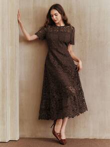 Anewsta Elegant Lace Patchwork Splice Coffee Short Sleeve Ruffle Splice Dress