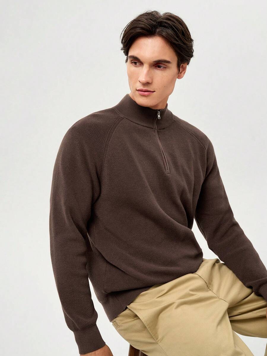 RONVEXI Men's Solid Color Stand Collar Half Zip Casual Long Sleeve Pullover Sweater - Coffee Brown - View 1