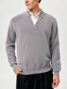 RONVEXI 男士纯色半拉链插肩袖休闲针织套头衫，秋冬款 - 淺灰紫 - 查看 2