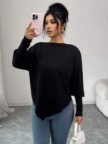 SHEIN Elenzya 女士优雅纯色弹力露肩宽松针织T恤，蝙蝠袖设计，秋冬款 - 黑色 - 查看 1