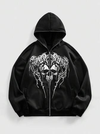 Street Life Herren Dunkel Punk Totenkopf Muster Reißverschluss Hoodie