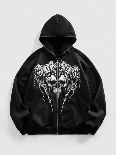 Street Life sweat-shirt à capuche zippé avec imprimé tête de mort punk sombre pour hommes