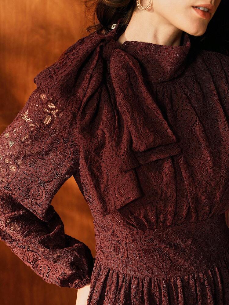 Elegant Long Sleeve A-Line Maxi Knit Lace Dress, Wine Red, Suitable For Christmas, Valentine's Day, Autumn/Winter