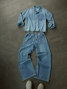 2 Peças Conjunto de Moda Casual Adolescente Y2k Vintage Legal Retorna à Escola Faculdade Duas Peças Conjunto de Design Lavável Azul Confortável e Simples Camisa Denim e Calça Denim Larga Confortável para Roupas Infantis Adolescente Roupa Diária Macia e Roupas de Inverno e Outono Rave Festivais e Roupas Streetwear - Azul - Visão 6