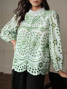 BELROSIE New Autumn French Style Casual Blouse With Intricate Embroidery, Hollow-Out Design, And Pleated Ruffle Detail, Long Sleeve - Green - View 2