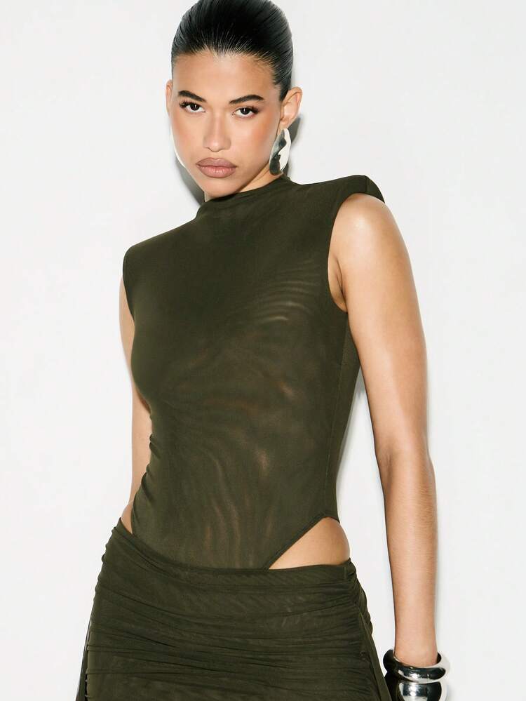 KIZN Shoulder Padded Sleeveless Fitted Bodysuit