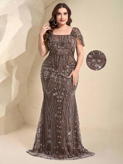 Coutiva Plus Size Elegant Luxury Beaded Rhinestone Contrast Bubble Bead Mermaid Dress, Elegant Evening Dress, Suitable For Cocktail Party, Dance Wedding Guest Dress, Suitable For Graduation Ceremony, Dinner Party Sequin Women Dresses Sequence Dress Luxury Dress For Women Elegant Midi Dress Cruise Dinner Dress