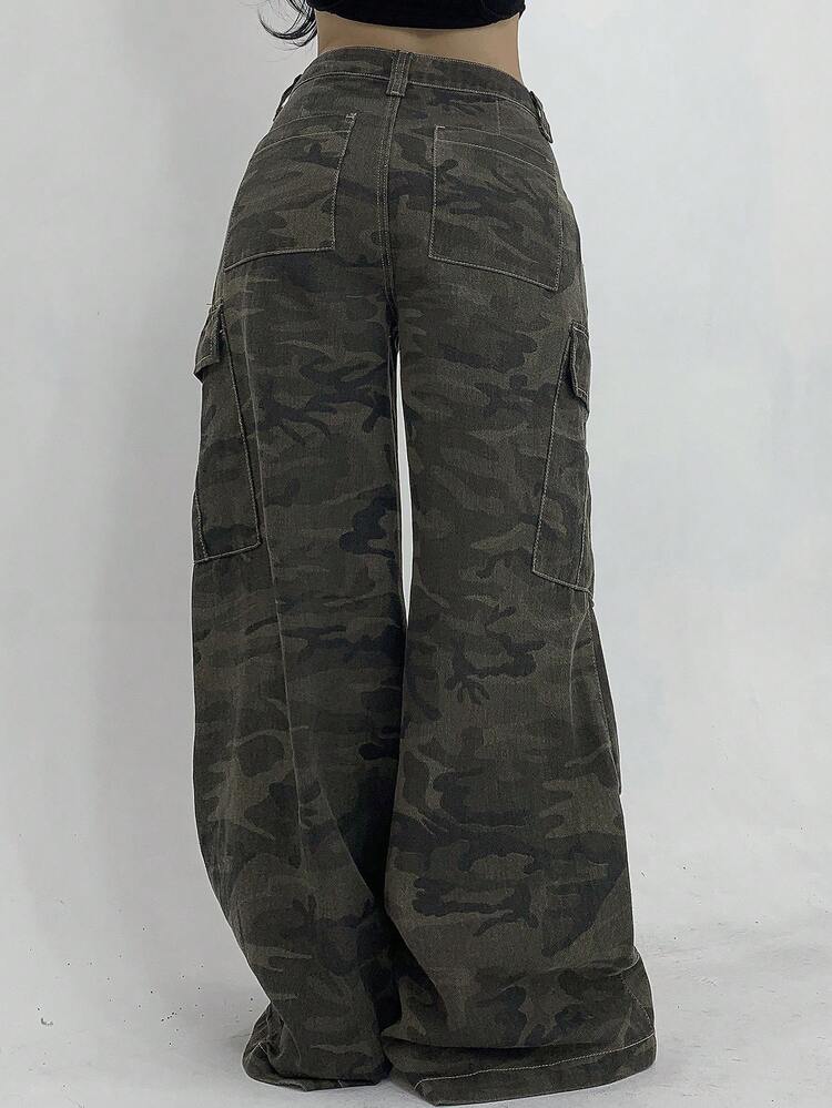 Women's Fully Allover Print Street Style Casual Cargo Pocket Camouflage Korean Denim Jeans