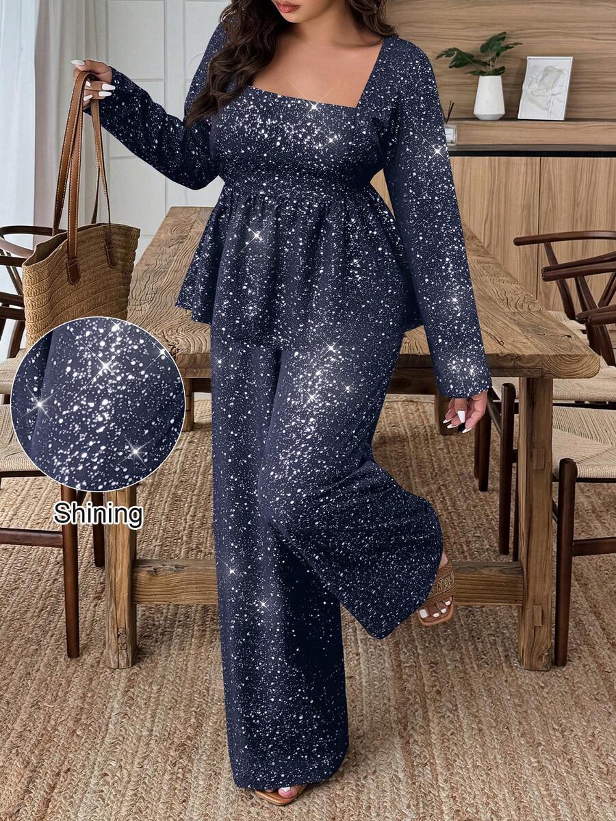 EMERY ROSE 2pcs Set Square Neck Ruffle Hem Faux Foil Print Outfit - Navy Blue - View 1