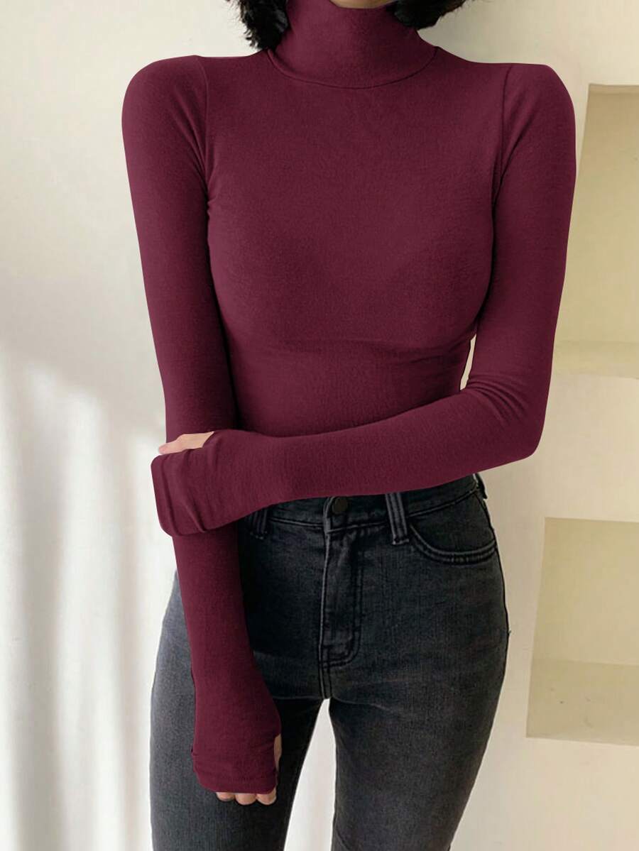 DAZY 女士休闲纯色高领修身 T 恤,春秋长袖女上衣,秋季女装 - 酒紅色 - 查看 1