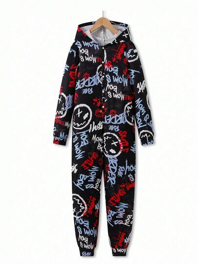 Boys' Hooded Long Sleeve & Pants Set, Graffiti Smiling Face Elements, Red & Blue Colors, Casual Streetwear Vibe