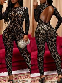 Slaydiva Quần bó dài tay hở lưng ren gợi cảm cho nữ mùa xuân và mùa hè - A - màu đen - Xem 4