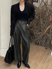 DAZY Women's Casual PU Leather Solid Color Wide Leg Ankle Length Pants, Autumn/Winter