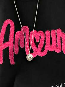 Resyla 1pc Women's Casual Chic Round Neck T-Shirt With Embroidered Heart Chenille Design - Black - View 3