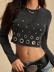Easelle Áo thun bodycon cổ tròn tay dài thiết kế hở vai đan đen dành cho nữ - màu đen - Xem 8