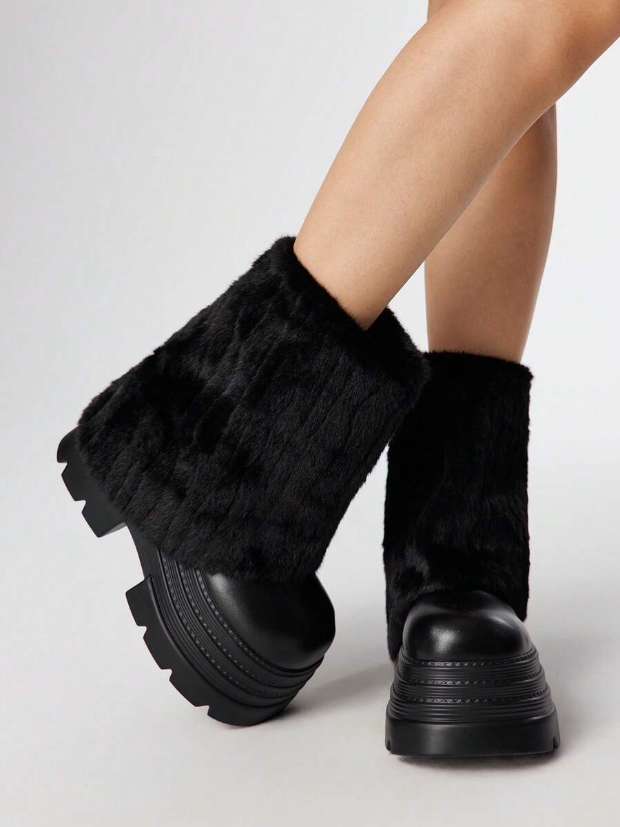 ROMWE Women's Thick Sole Furry Patchwork Mid-Calf Boots, Autumn/Winter For Christmas - Black - View 1