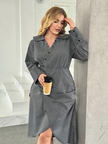 Modelyn Plus Size Women Striped Long Sleeve Button Design Ruched Casual Dress - Black and White - View 6