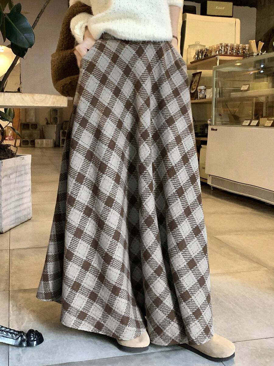 DAZY Jupe mi-longue décontracté évasée à poches à carreaux pour femmes, automne/hiver - Bleu ciel - Voir 1