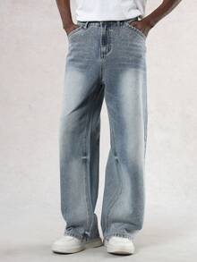 DAZY Autumn Street Style Washed Blue Men's Jeans With Contrast Stitching And Sequin Design - Blue - View 1