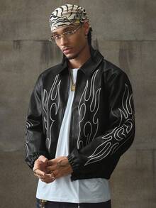 AXEPEAK Men's Autumn Fashionable Street Flame Embroidery Zip-Up PU Leather Long Sleeve Jacket - Black - View 5