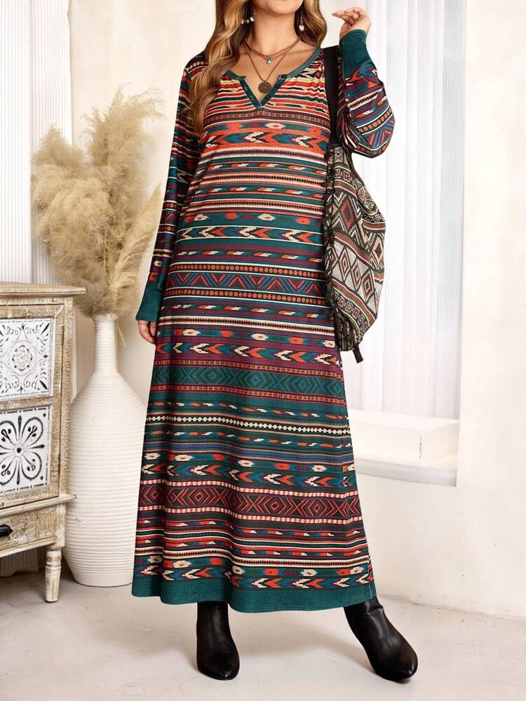 Plus Size Women Fall/Winter  Country  Casual Vacation   Western Nomadic Style Vintage Striped Print Long Sleeve Long Dress, Autumn/Winter,Going Out Outfits,2025 New Clothes,Simple And Fashionable For Everyday Wear, Plus Size Winter Clothes, Christmas Outfit For Women ,New Year Clothes,Winter Clothes For Women,Thanksgiving Outfit For Women ,Flowy Dress