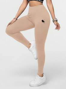 SHEIN Essnce Casual Knight Sword Pattern High Waist Skinny Women's Long Leggings, Suitable For Spring/Summer - Khaki - View 3