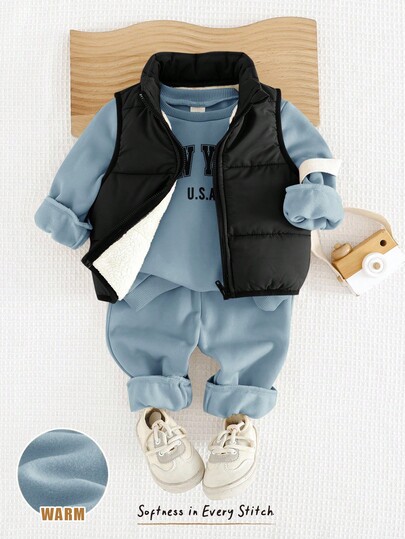 Cozy Pixies 3pcs Baby Boy Letter Print Knit Soft Crew Neck Long Sleeve Hoodie, Jogger Pants And Sleeveless Vest Set Newborn Boys First Outfit Baby Boy Outfit Baby Set Autumn Winter Baby Boy Blue Set Newborn Baby Boy Suit