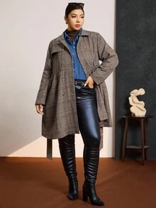 Zelara Plus Size Women Houndstooth Print Long Sleeve Double-Breasted Belted Elegant Coat, Autumn Winter Long Casual Winter Coat Casual Fleece Coat, Comfortable And Warm From The Cold, Comfortable And Warm From The Cold, 2025 New - Brown - View 9