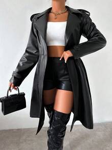 VaVaBold Pu Notched Collar Long Trench Coat Fall Winter Cloth For Women - Black - View 3