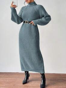 SHEIN Clasi 女式纯色高领长袖休闲针织毛衣裙，秋冬 - 藍色 - 查看 5