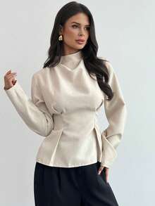 Firerie Women's Elegant Commute & Casual Vintage Bamboo Texture Stand Collar Long Sleeve Gathered Waist Pleated Design Regular Fit Shirt, Autumn/Winter New Ladies Blouse,Elegant Blouses For Women,Spring Women - Apricot - View 3