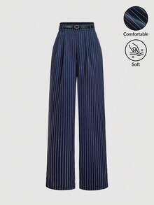 SHEIN MOD Quần tây ống rộng cạp chun kẻ sọc xanh navy dành cho nữ kèm thắt lưng, cổ điển, trang phục công sở thường ngày, thanh lịch, phong cách Goth, giáo viên, phong cách quý tộc cổ điển dành cho phụ nữ, trở lại trường, trang phục giáo viên dành cho nữ, trang phục công sở dành cho nữ vào mùa thu/đông - Xanh và trắng - Xem 1