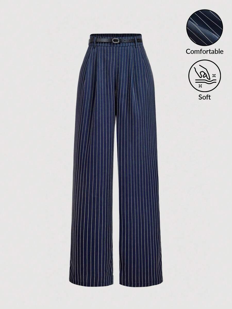 SHEIN MOD Quần tây ống rộng cạp chun kẻ sọc xanh navy dành cho nữ kèm thắt lưng, cổ điển, trang phục công sở thường ngày, thanh lịch, phong cách Goth, giáo viên, phong cách quý tộc cổ điển dành cho phụ nữ, trở lại trường, trang phục giáo viên dành cho nữ, trang phục công sở dành cho nữ vào mùa thu/đông - Xanh và trắng - Xem 1