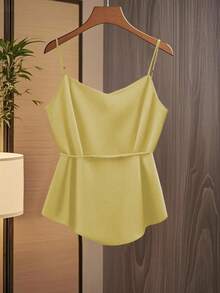 GlowEve 女士时尚休闲V领褶皱裹身系带蝴蝶结无袖上衣，A字下摆 - 淡黃色 - 查看 2