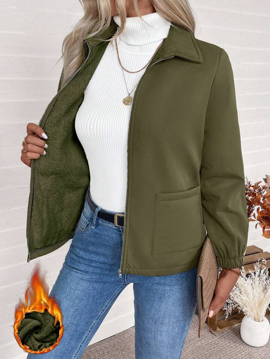 EMERY ROSE Chaqueta de forro polar con cremallera, de manga raglán y unicolor, para mantener el calor - Verde militar - Ver 1