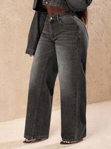 Slaydiva 大码女式宽松休闲牛仔心形口袋阔腿裤 - 淺灰色 - 查看 7