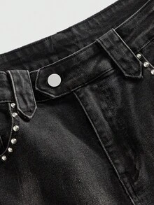 ROMWE MEN Grunge Punk Herren Mode Zerrissene Nieten Dekor Bootcut Jeans - Schwarz - Übersicht 3