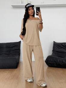 SHEIN Coolane 女士夏季极简街头风基础日常穿搭外出运动舒适露肩T恤和阔腿运动裤两件套 - 駝色 - 查看 4