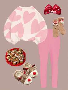 可爱粉色套装，萌萌少女抽象几何爱心印花，休闲舒适柔软保暖圆领长袖卫衣和打底裤，适合秋冬季日常穿着、新年、外出、居家。