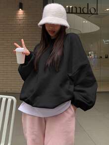 DAZY 秋冬女士宽松圆领纯色保暖内衬运动衫 - 黑色 - 查看 5