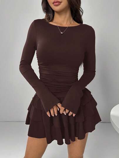 SHEIN EZwear Plus Size Brown Thin Long Sleeve Cake Mini Dress For Party Chocolate Brown Dress Brown Dress Women Women Long Sleeve Dress Coffee Brown Dress Dark Brown Dress Autumn/Winter,Christmas,New Year,Thanksgiving,Party,Wedding,Beach,Graduation,Chic,Elegant,Casual,Going Out,Date,Appointment,Commute
