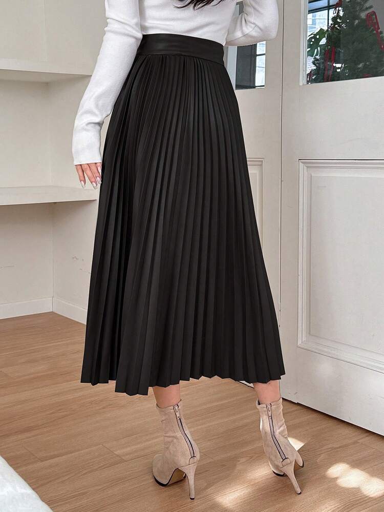 Women's Elegant Solid Color Pleated PU Leather Skirt, Autumn/Winter